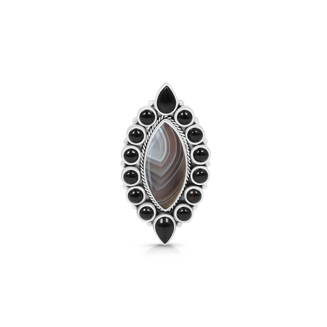 Botswana Agate And Black Onyx Flower Adjustable Ring-(BWA-FLR-4.)